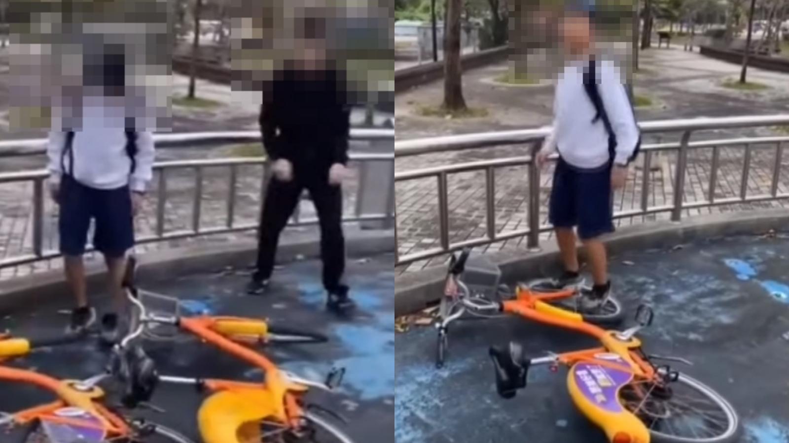 網路流傳的影片中,3名少年對借來的YouBike各種惡搞行為,惹怒眾人。(翻攝自臉書爆料公社二社)