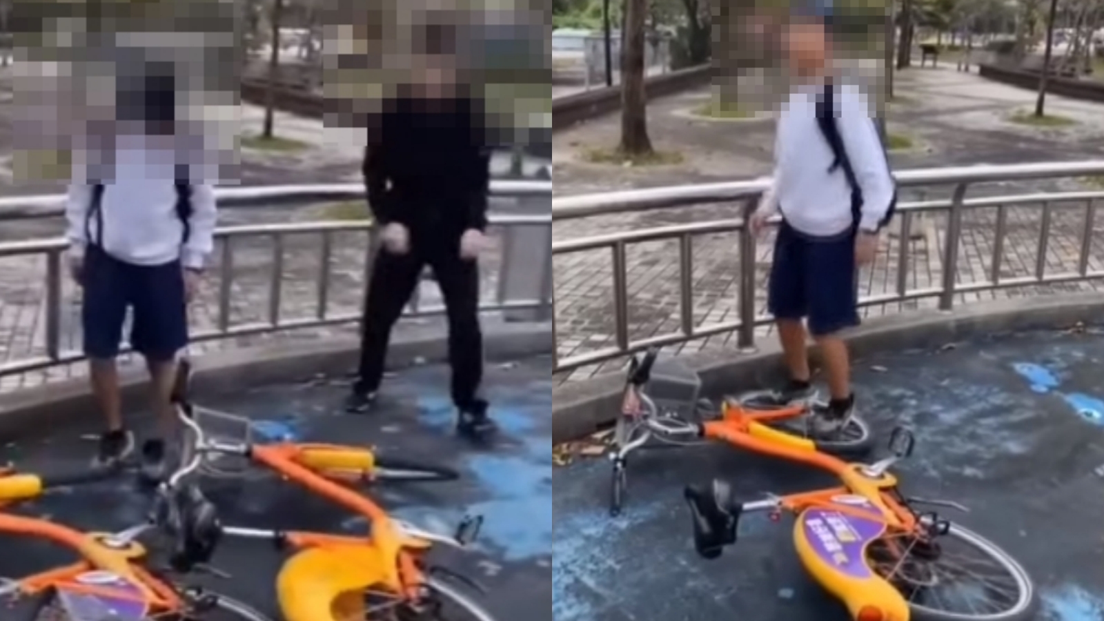 網路流傳的影片中，3名少年對借來的YouBike各種惡搞行為，惹怒眾人。（翻攝自臉書爆料公社二社）