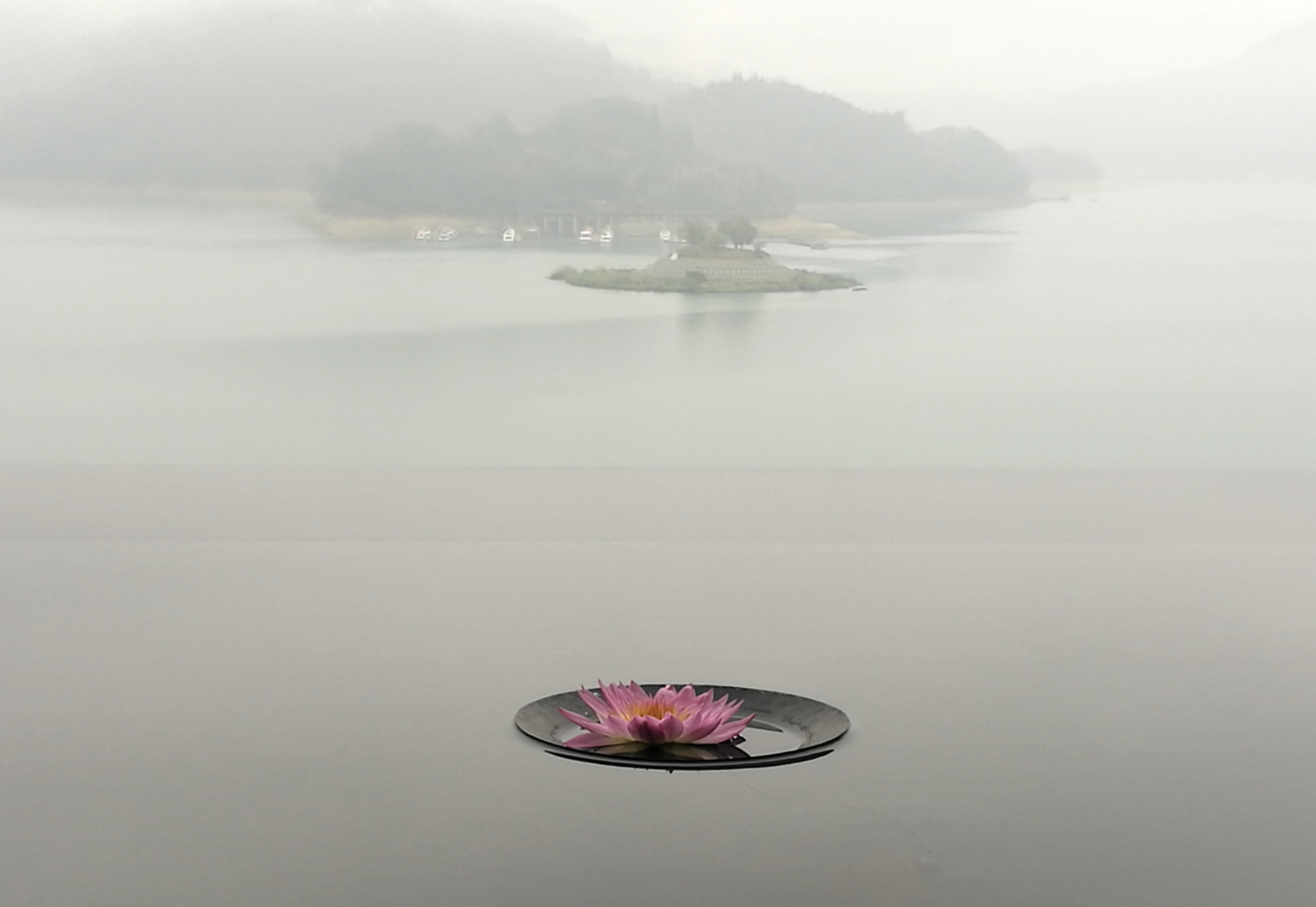 陰雨天如潑墨般的日月潭湖水，與涵碧樓鏡面水廊連成一氣，頗有意境。