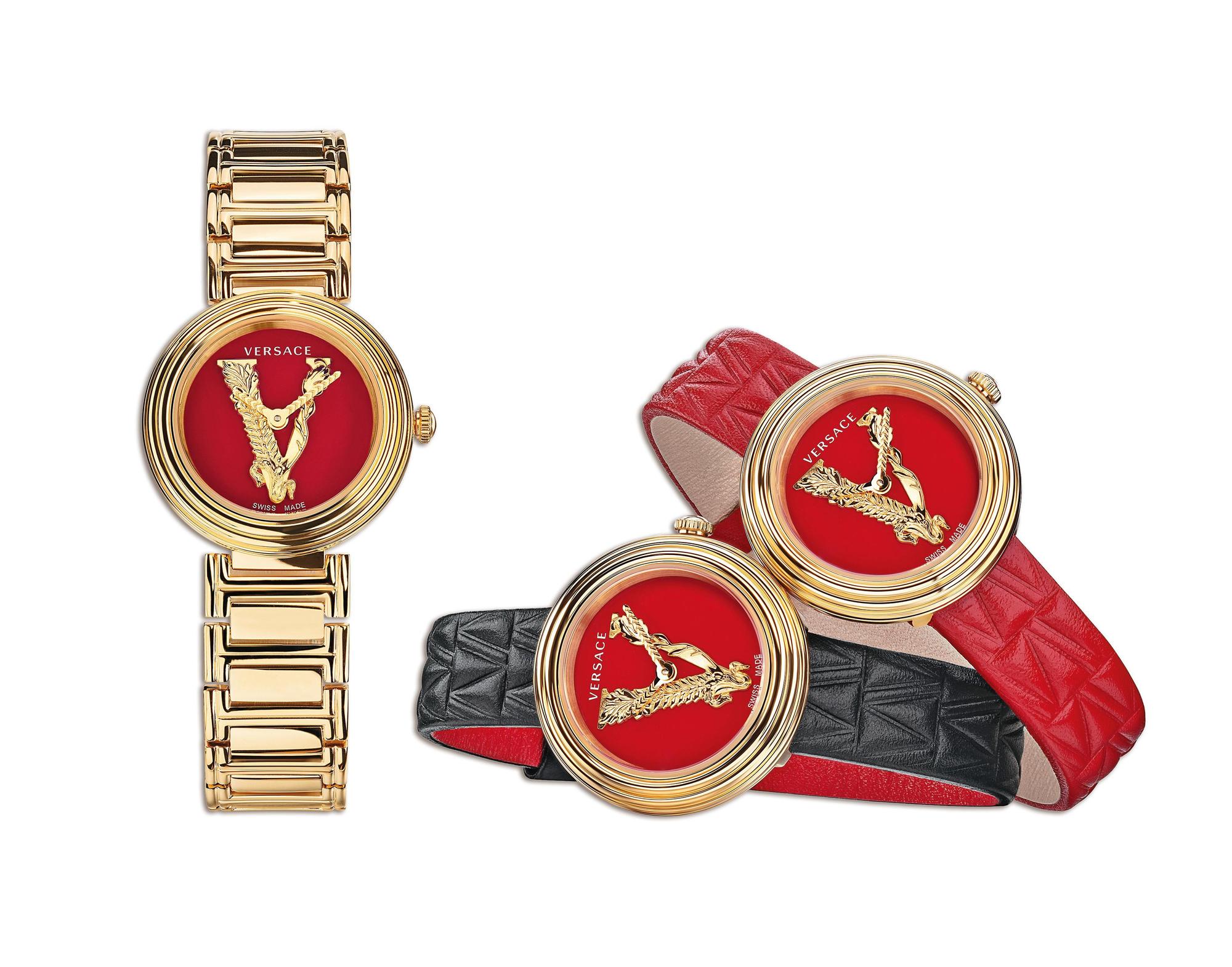 VERSACE Mini Virtus Duo腕錶一組中有金色鍊帶以及兩條小牛皮錶帶，方便展現不同風格。NT$37,500（VERSACE提供） 