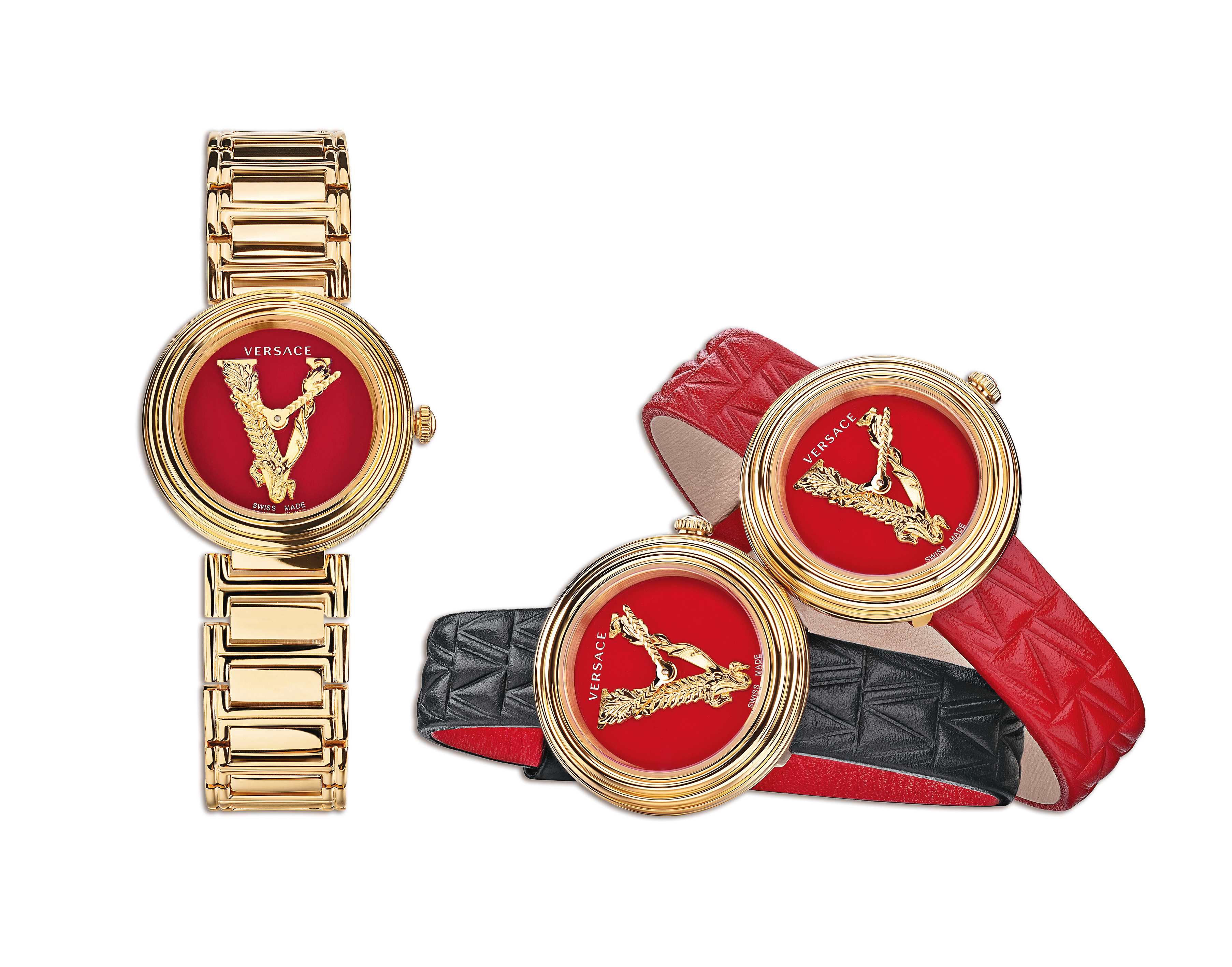 VERSACE Mini Virtus Duo腕錶一組中有金色鍊帶以及兩條小牛皮錶帶，方便展現不同風格。NT$37,500（VERSACE提供） 