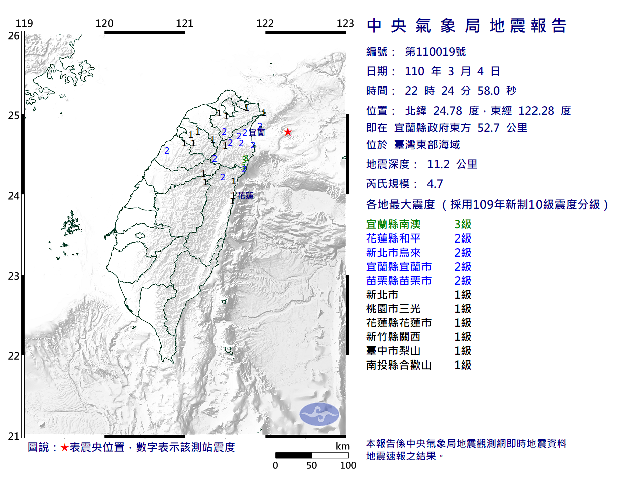 晚間10點24分發生芮氏規模4.7，震央位在宜蘭縣政府東方52.7公里 ，位於台灣東部海域，地震深度僅11.2公里。（翻攝自中央氣象局）