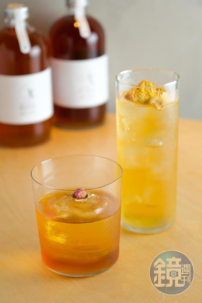 五行酒可純飲，也可作為基酒變化出多款調酒，譬如「火」（前）帶紅茶甜味、「水」（後）入口有奶油乳香感。（皆300元／杯）。