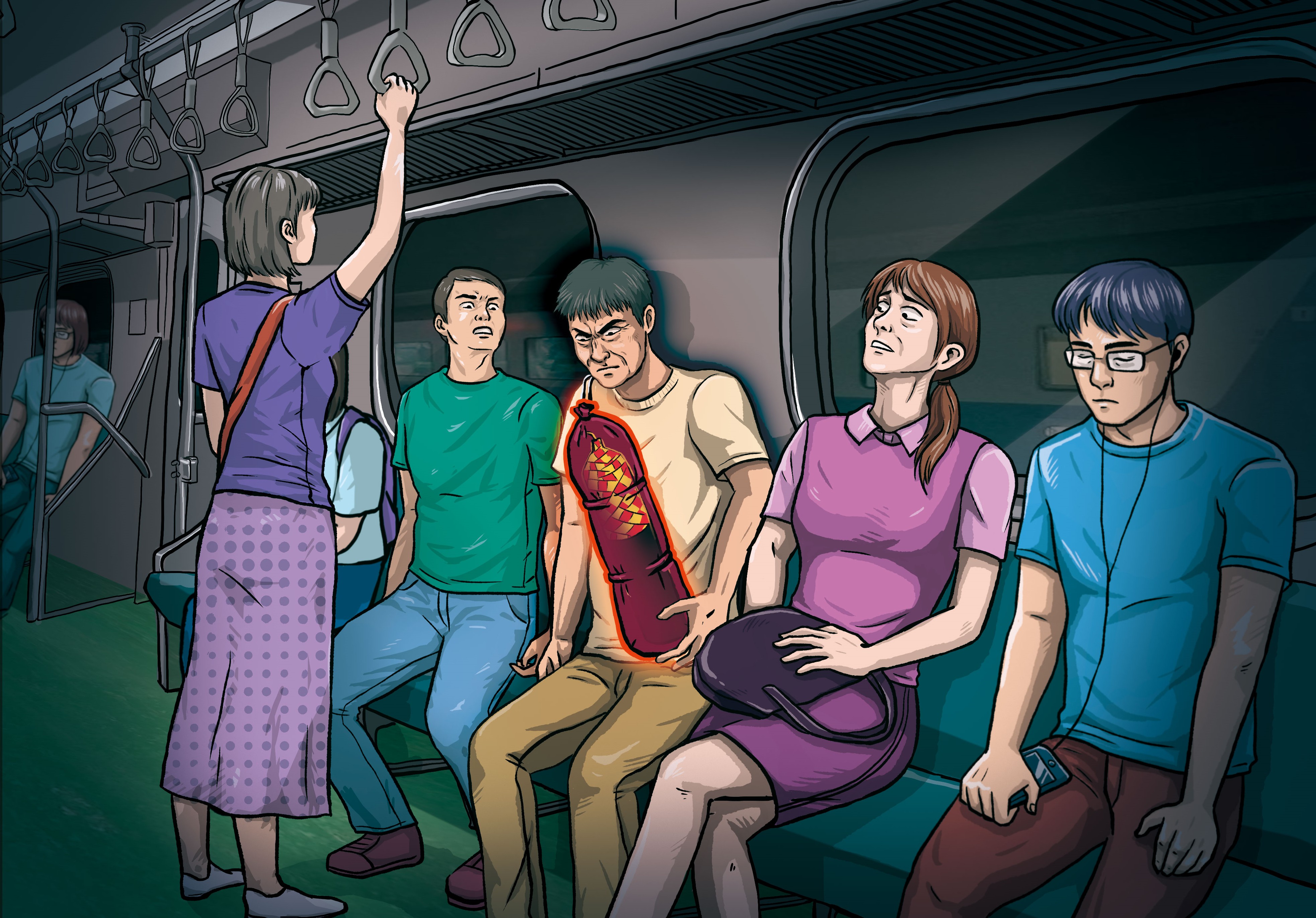 林英昌（中）背著裝有爆裂物的帆布包回到座位上引爆，造成25人輕重傷。