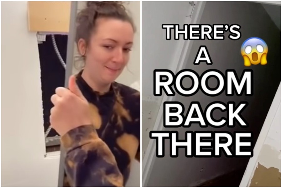 女子在家中發現通往另一個密室的洞口。（翻攝自samanthartsoe TikTok帳號）