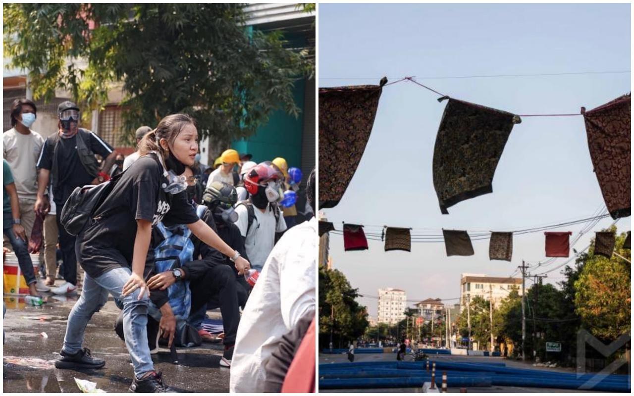 19歲少女鄧家希在緬甸示威中慘遭流彈擊中身亡;緬甸民眾想出奇招阻止軍方逼近。(翻攝自推特yunwaddylm、zenn_kyi)