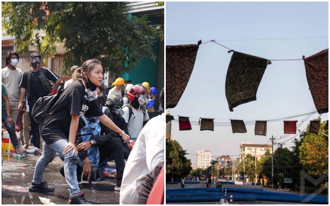 19歲少女鄧家希在緬甸示威中慘遭流彈擊中身亡;緬甸民眾想出奇招阻止軍方逼近。(翻攝自推特yunwaddylm、zenn_kyi)