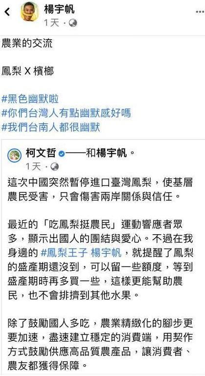 楊宇帆在臉書暗指柯文哲是檳榔,造成大批柯粉反彈。(翻攝臉書)