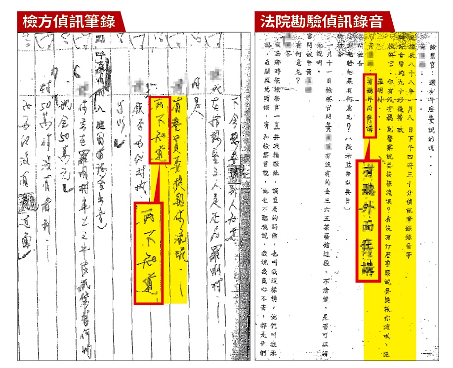 對照檢方的偵訊筆錄與後來法院勘驗的原始偵訊錄音內容，檢方問黃男是否知道自己被羅明村提報流氓，黃男答：「有聽外面在講。」檢方筆錄卻寫：「我不知道。」咬羅明村收賄的黃男顯然與羅明村有恩怨，卻被檢方掩蓋實情，導致羅明村即使喊冤指黃男報復他，先前卻一直不被前幾審的法官採信。