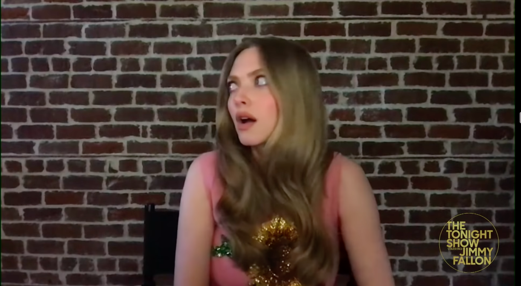 人在家裡的亞曼達賽佛瑞,進行電視連線訪問的時候,突然被一陣敲門聲給打斷。(翻攝自The Tonight Show Starring Jimmy Fallon官方YouTube)