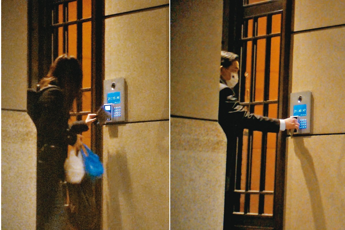 王定宇（右圖）出入顏若芳（左圖）住處熟門熟路，甚至2人各自擁有門禁卡可自由進出；左圖為顏若芳2020年12月15日21：14進門，右圖為2021年3日4日21：58王定宇進門。