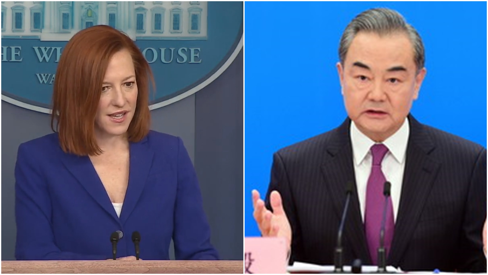 王毅（右）要求美國恪守一中原則，白宮發言人莎琪（左）則回應，會持續協助台灣維持足夠的自我防衛能力。（翻攝自美國白宮臉書、中國外交部官網）