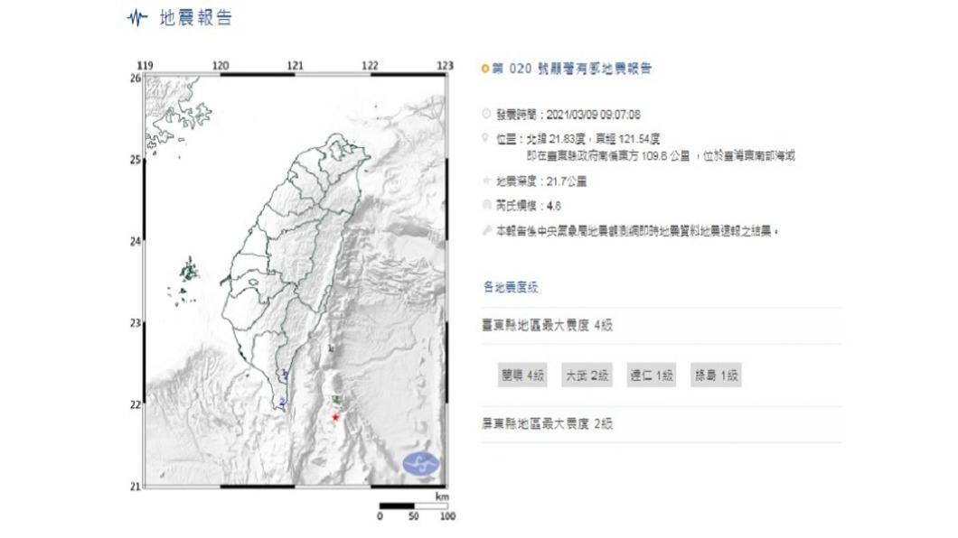 今台東蘭嶼外海發生苪氏規模4.8地震及4.3地震。(翻攝自氣象局)