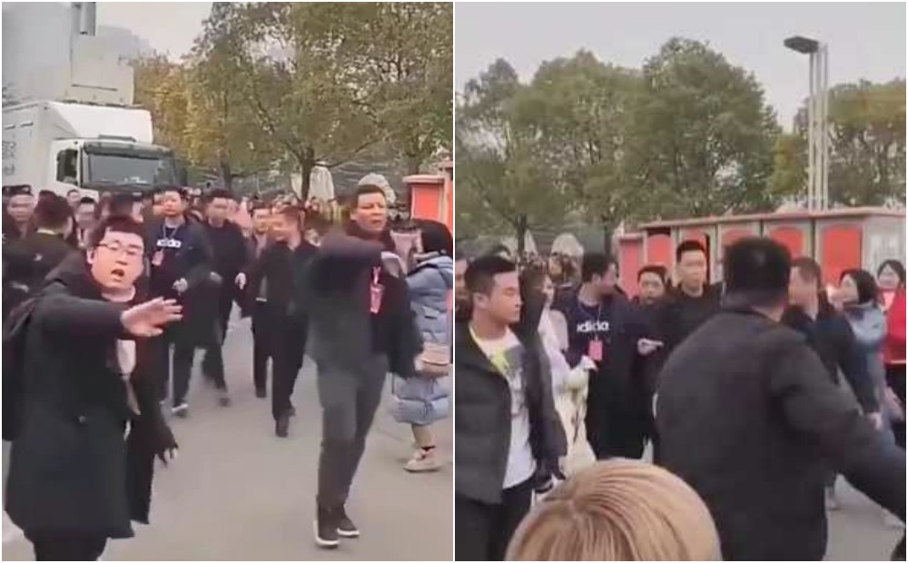 劉濤被拍到帶將近30個保鑣上街,影片在網路上被瘋傳。(翻攝自微博)