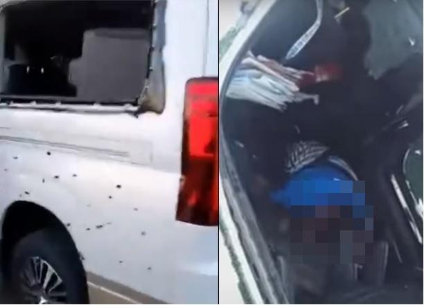 市長的座車車身遍布彈孔,1名男子也被到拍頭部中彈倒在車內。(翻攝自VLOGGER KA Official 推特、Bravo mike YouTube)