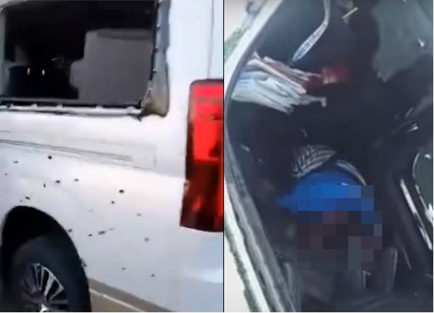市長的座車車身遍布彈孔,1名男子也被到拍頭部中彈倒在車內。(翻攝自VLOGGER KA Official 推特、Bravo mike YouTube)