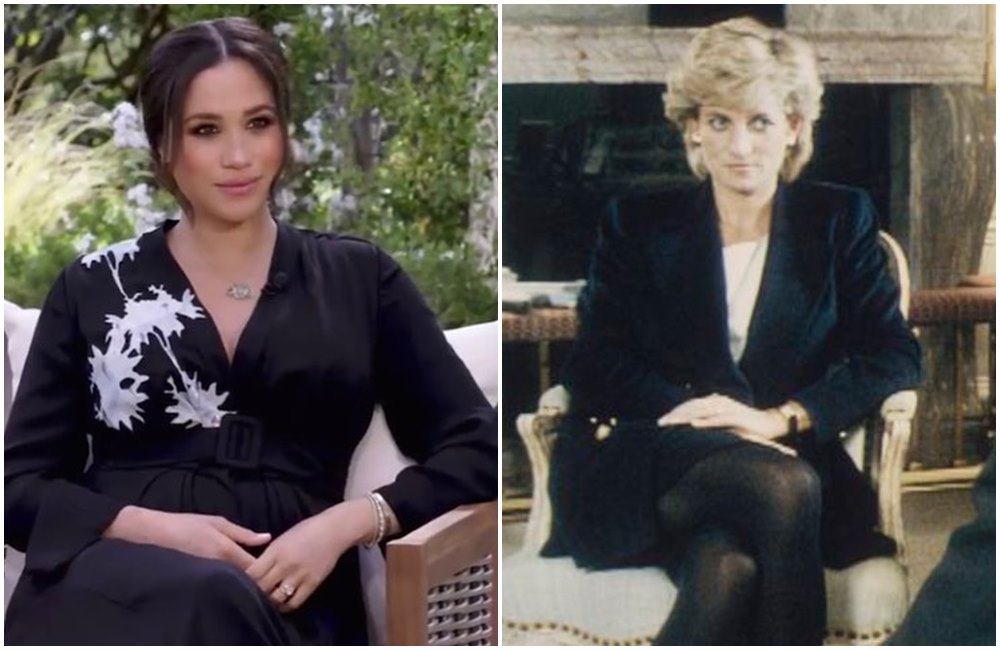 梅根（左圖）接受歐普拉專訪，令外界憶起黛安娜王妃1995年的世紀訪問。（翻攝CBS、CameronDLWalker推特）