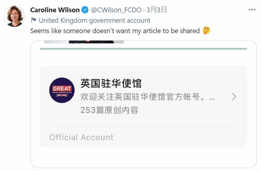 吳若蘭的文章遭到中國禁止分享，她直言「看來有人不希望我的文章被分享」。（翻攝自吳若蘭推特）