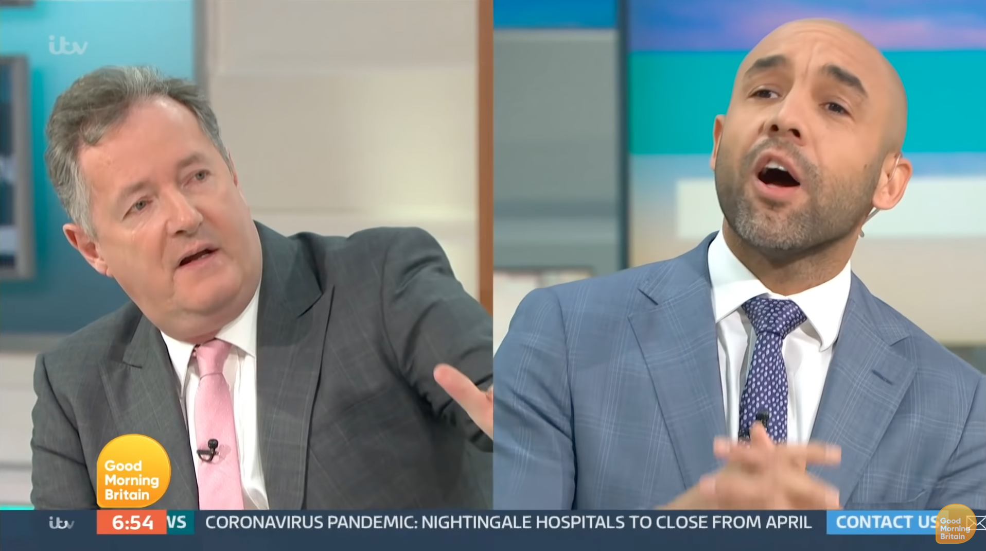 英國晨間節目主持人皮爾斯摩根（左），因在節目上批評梅根，與氣象主播艾力斯（右）引發針鋒相對。（翻攝自Good Morning Britain官方YouTube）