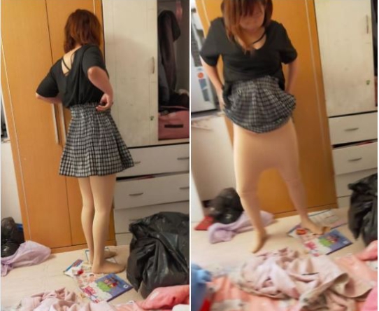 媽媽被拍下「肉色下體」，有網友笑回：「還以為在換衣服，原來是奇行種」。（翻攝自爆廢公社二館臉書）