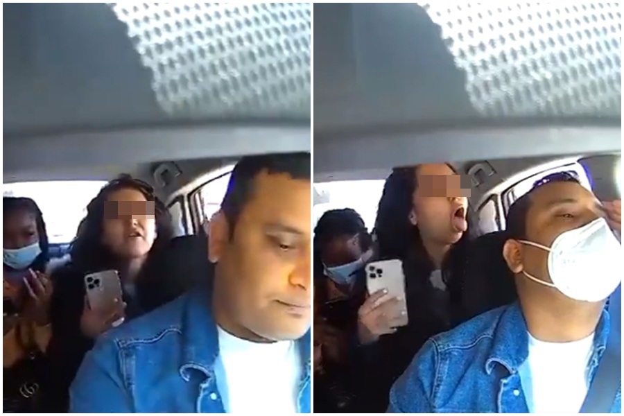 女子在車內與司機爭論，還作勢「脫下口罩咳嗽」等挑釁行為，司機眼神死表示無奈。（翻攝自BettyKPIX推特）