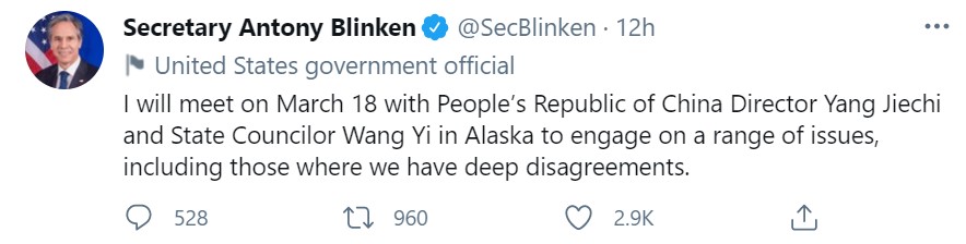 美國國務卿布林肯在推特指出，美中雙方會談將會涉及有嚴重分歧的議題。（翻攝自Secretary Antony Blinken推特）