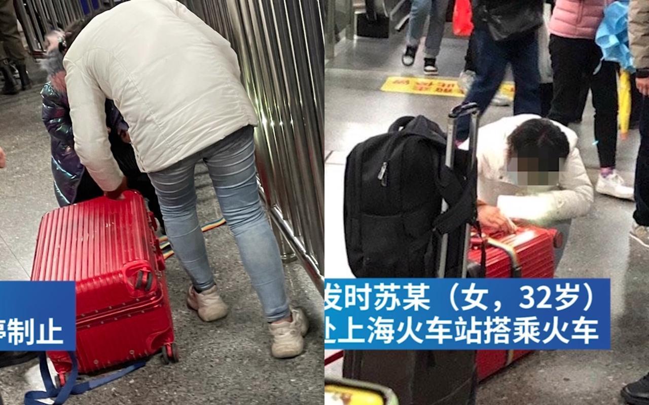 中國一名女子聲稱為了趕車,將5歲孩童塞進行李箱。(翻攝自澎湃新聞)