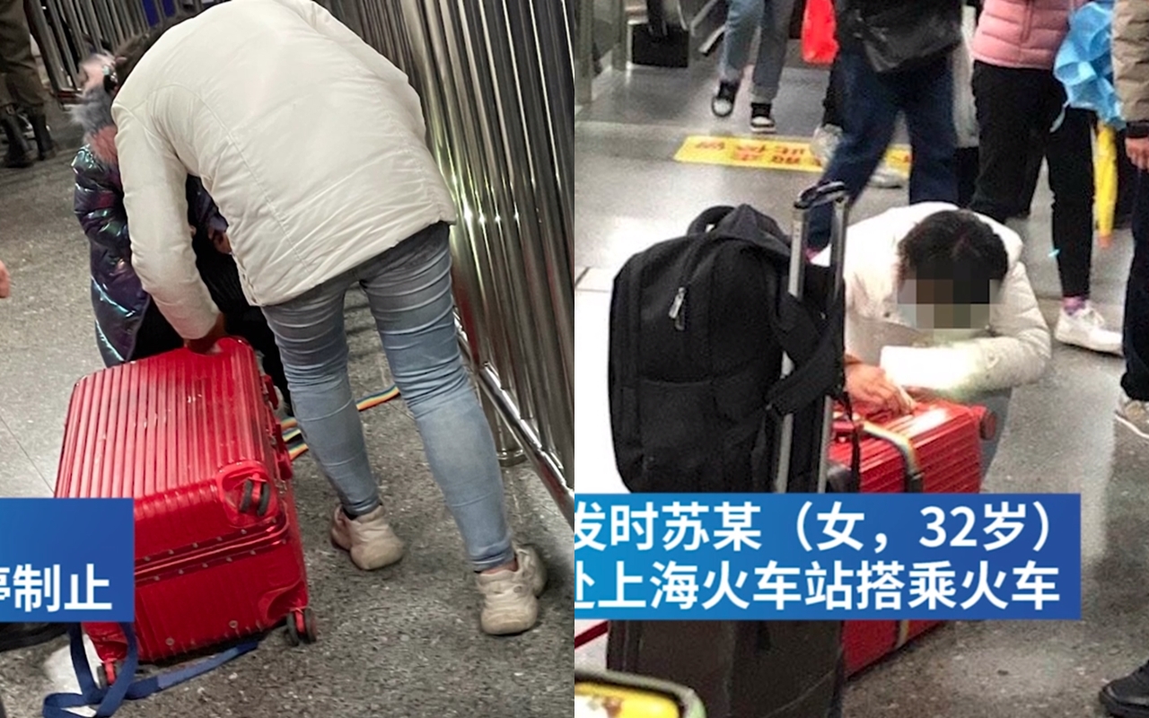 中國一名女子聲稱為了趕車，將5歲孩童塞進行李箱。（翻攝自澎湃新聞）