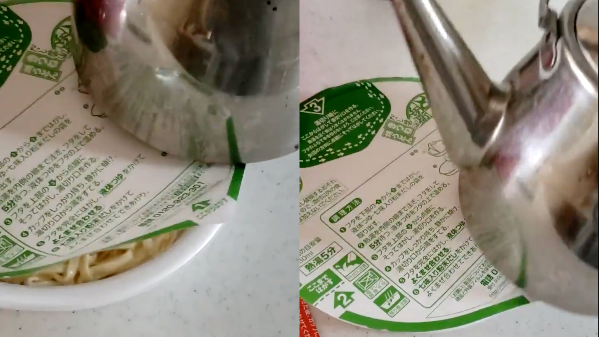網友利用熱水壺按壓紙蓋邊緣，使蓋子與碗緊密貼合。（翻攝自推特）