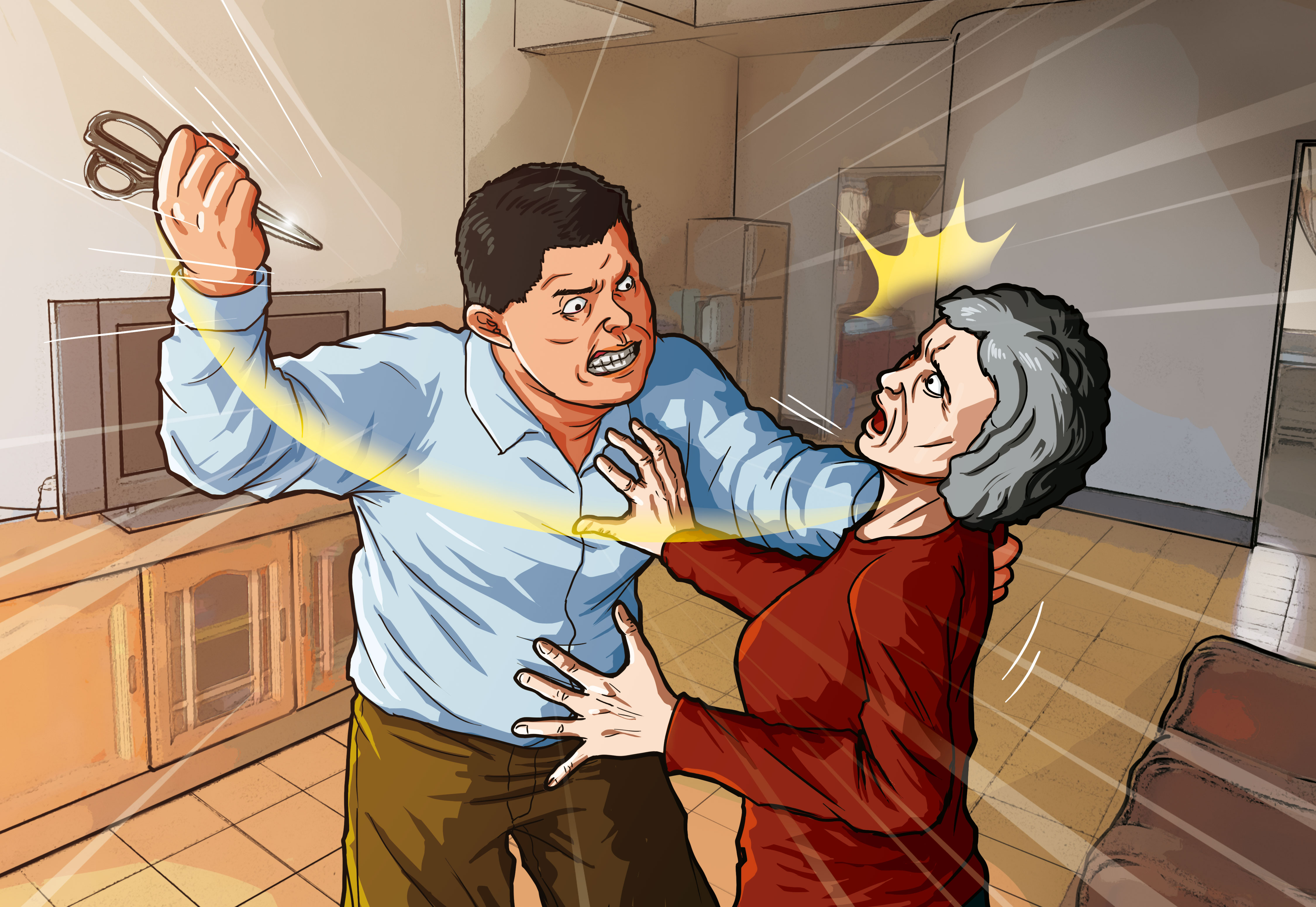 吳慶陸持利剪猛刺老太太，將她殺害。