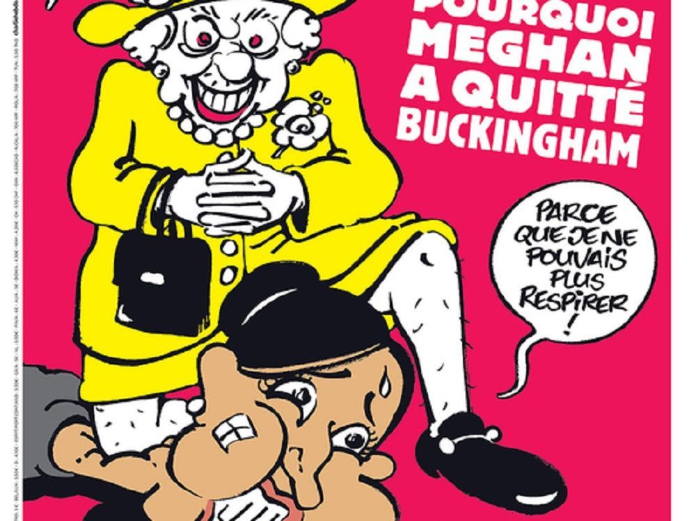 《查理週刊》最新一期封面拿英國女王和梅根諷刺佛洛伊德之死。（翻攝CHARLIE HEBDO推特）