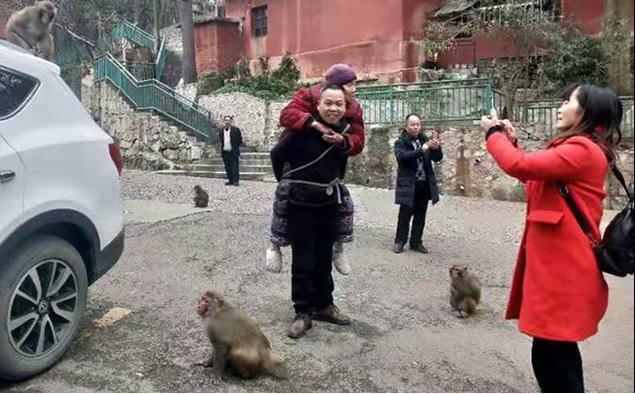 陳湘「孝子背母餵猴」的畫面,在中國大陸網路上瘋傳。(翻攝自阿里巴巴天天正能量微博)