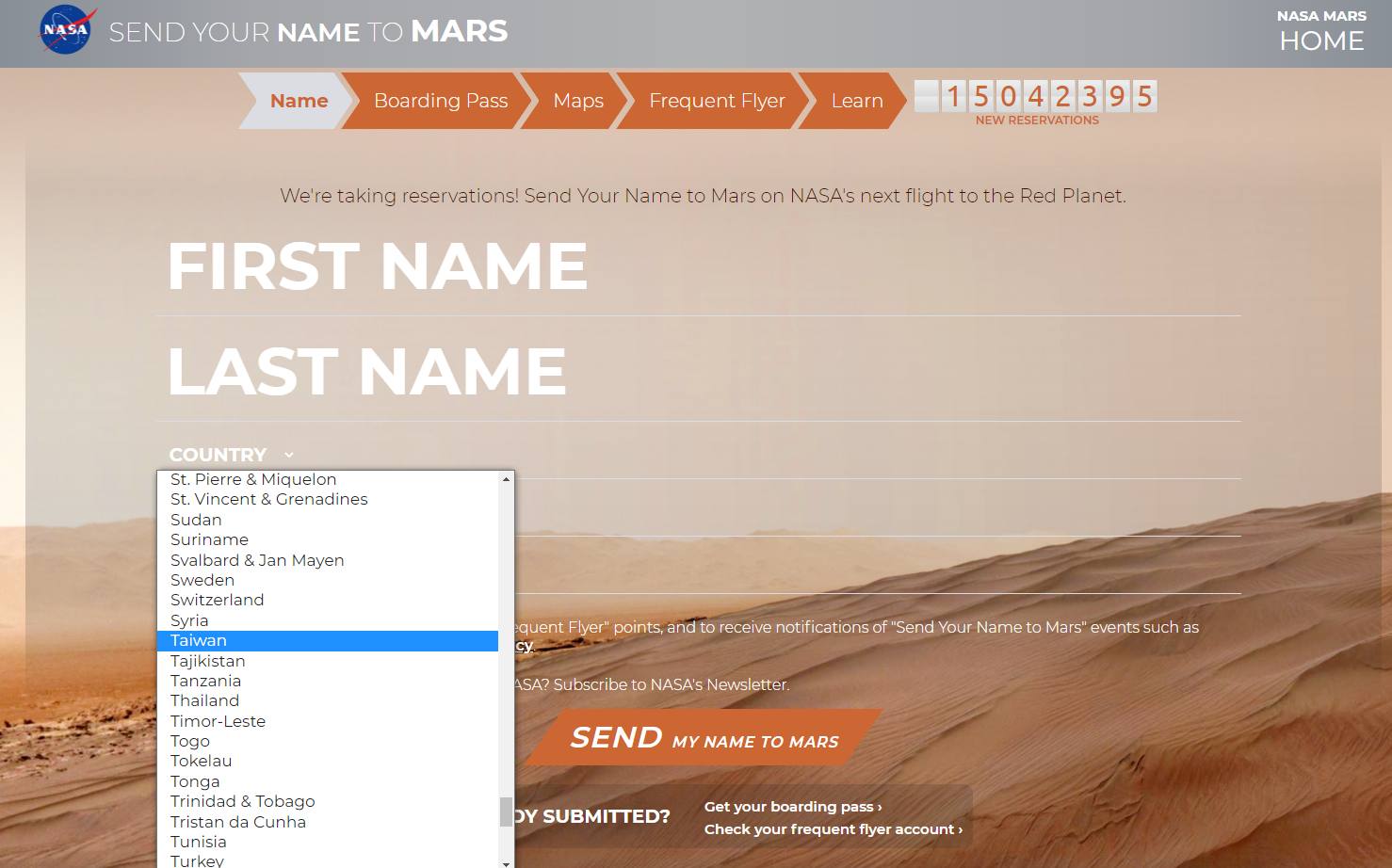 中國網民發現，NASA將台灣列為國家的選項之一。（翻攝NASA網站）