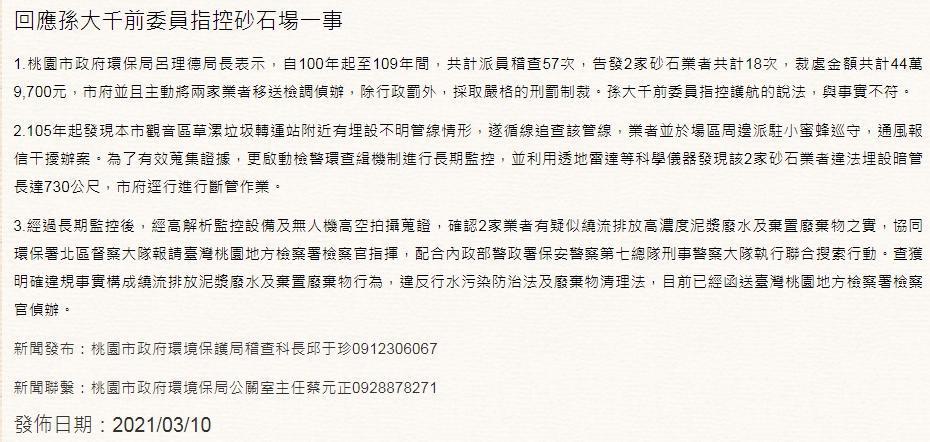 桃市環保局10日曾回應孫大千，強調已做出裁罰而非不做為，14日再發出7點聲明。（翻攝自桃園市環保局）