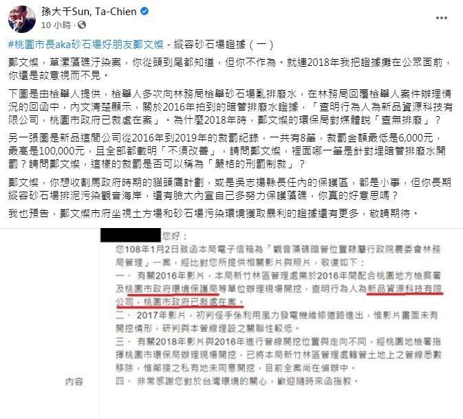孫大千近日多次指控鄭文燦縱容草漯藻礁被汙染。（翻攝自孫大千臉書）