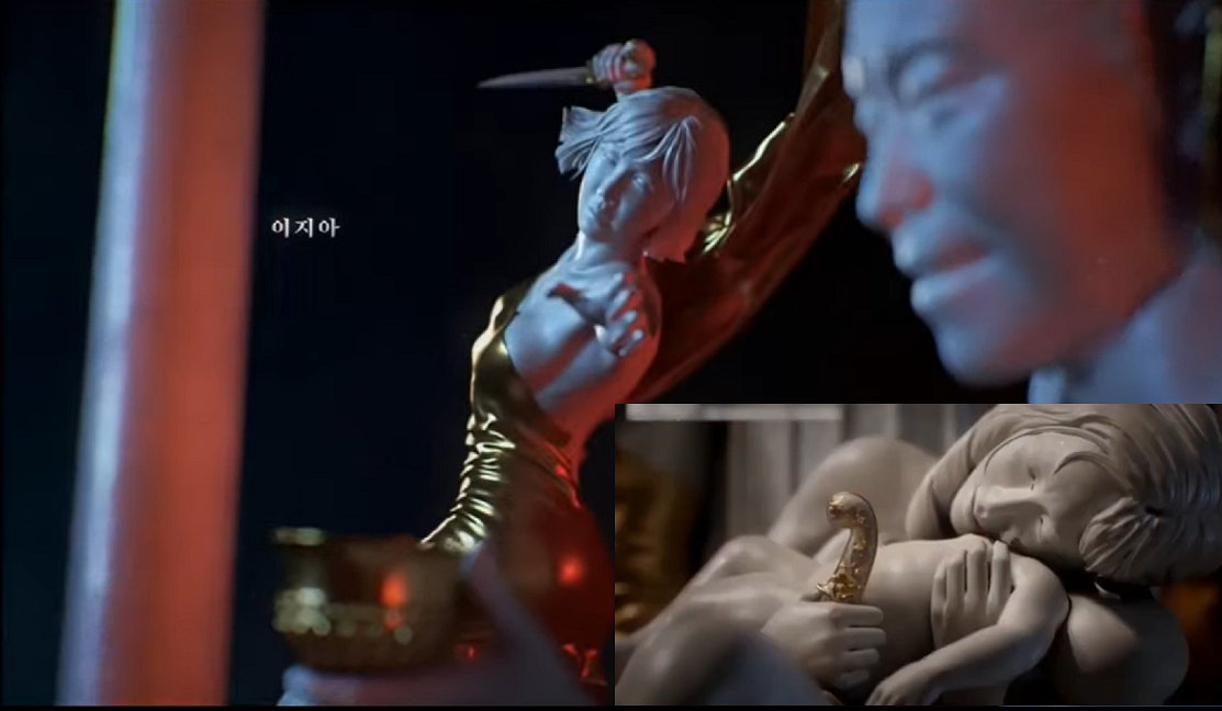 羅愛嬌出現在《Penthouse上流戰爭》第二季片頭（大圖）中，眼尖觀眾發現她拿的刀疑似與第一季片頭裡沈秀蓮（小圖）是同一把。（翻攝自SBS畫面）