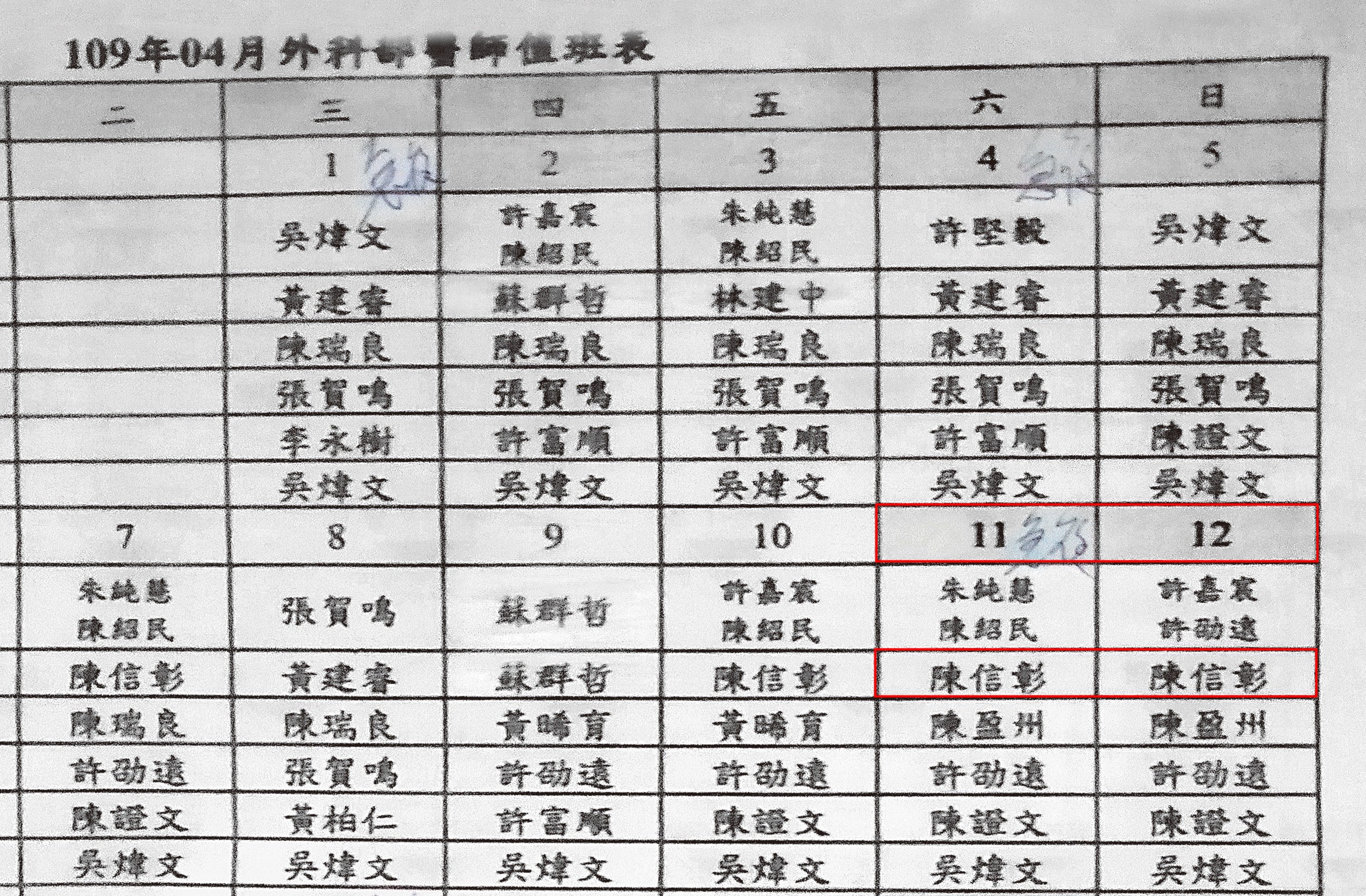 本刊取得聯醫和平院區外科值班表，顯示陳信彰在房仲刺殺司機的四月十一日當天及隔天都值班，他卻在十三日凌晨才首度現身醫院探視病患。（讀者提供）