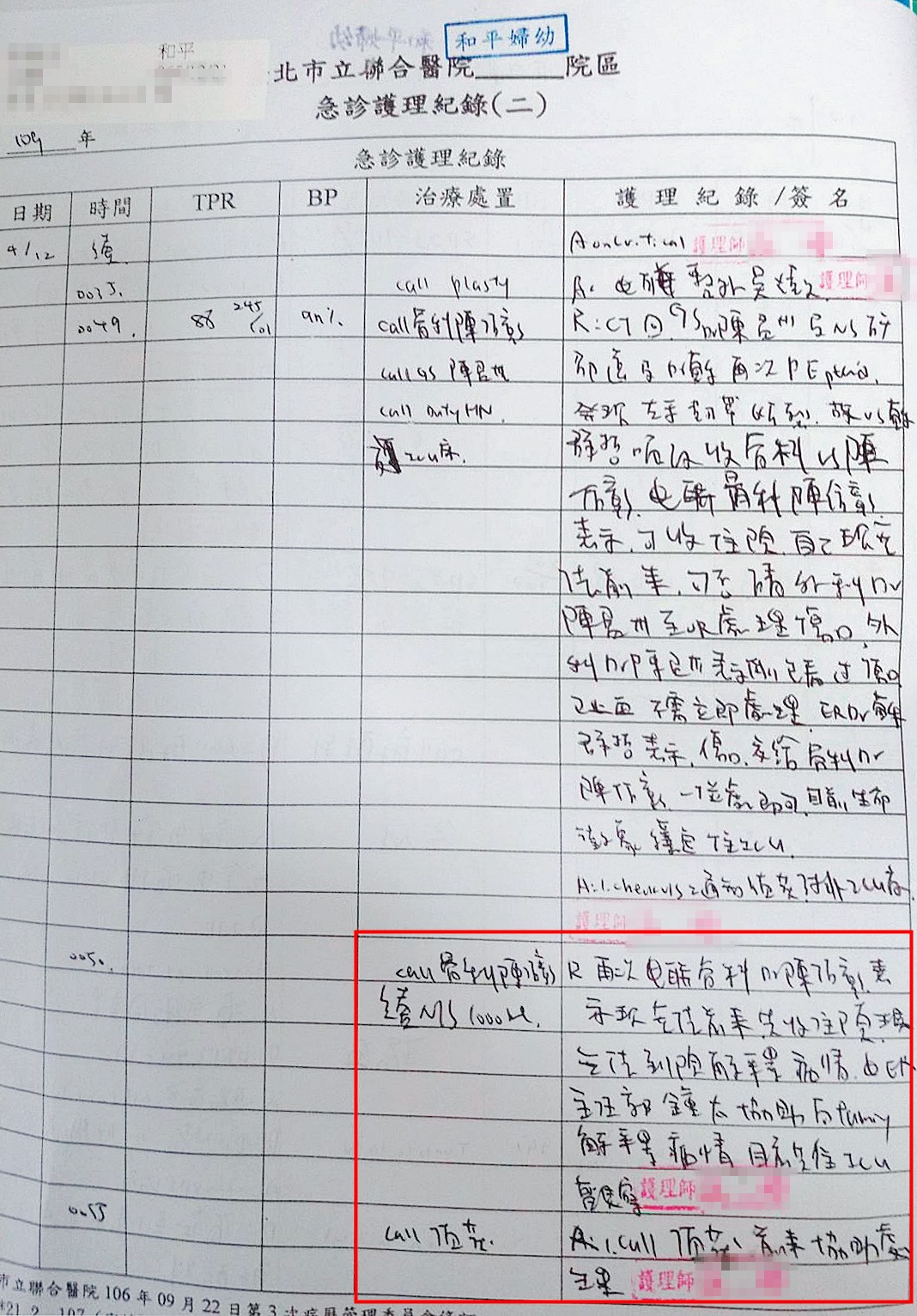 根據護理紀錄顯示，護理師凌晨仍多次致電陳信彰，但他表明無法前來，先收住院，也無法到場向家屬解釋病情。（讀者提供）