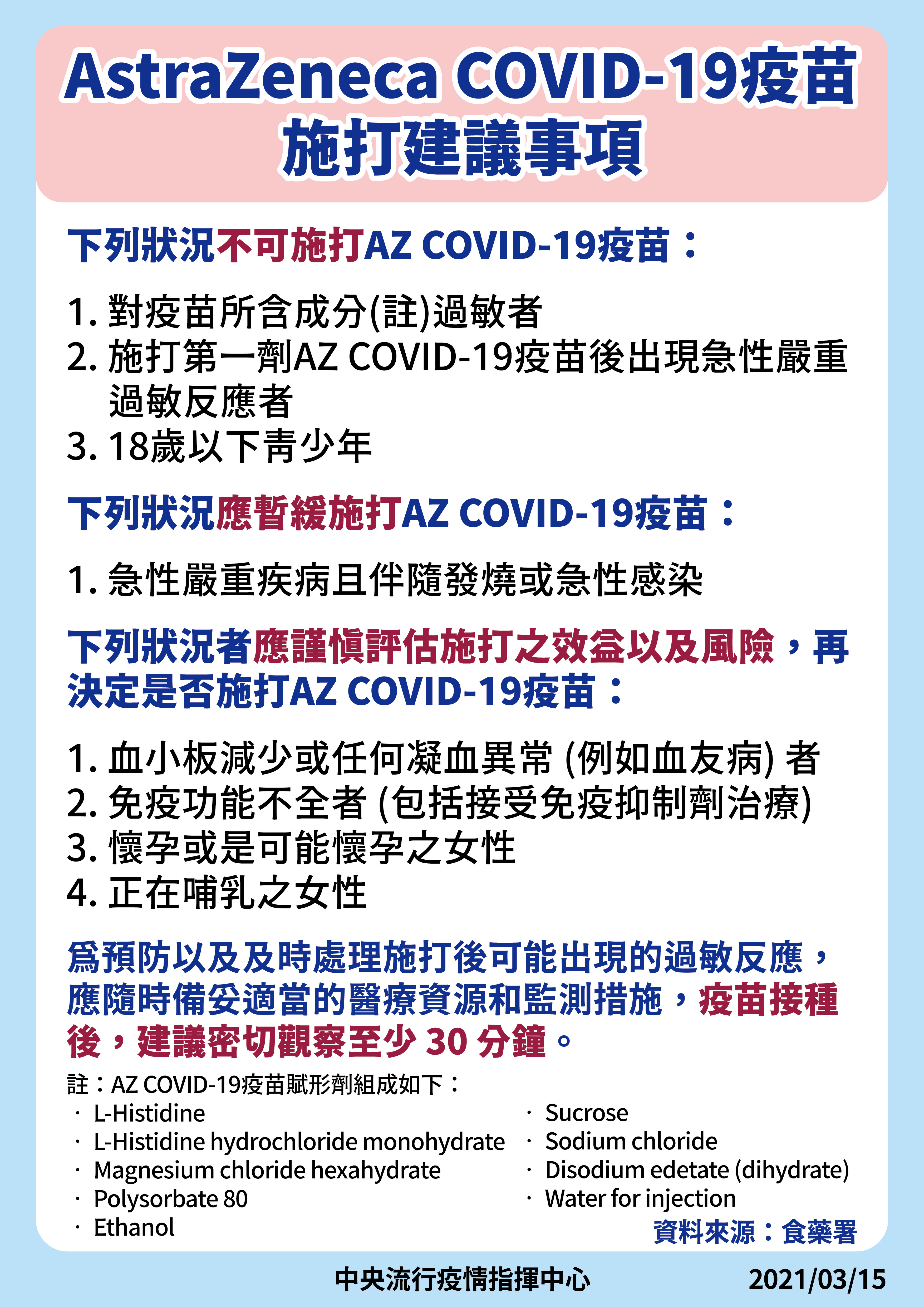 AZ疫苗施打建議事項。（指揮中心提供）