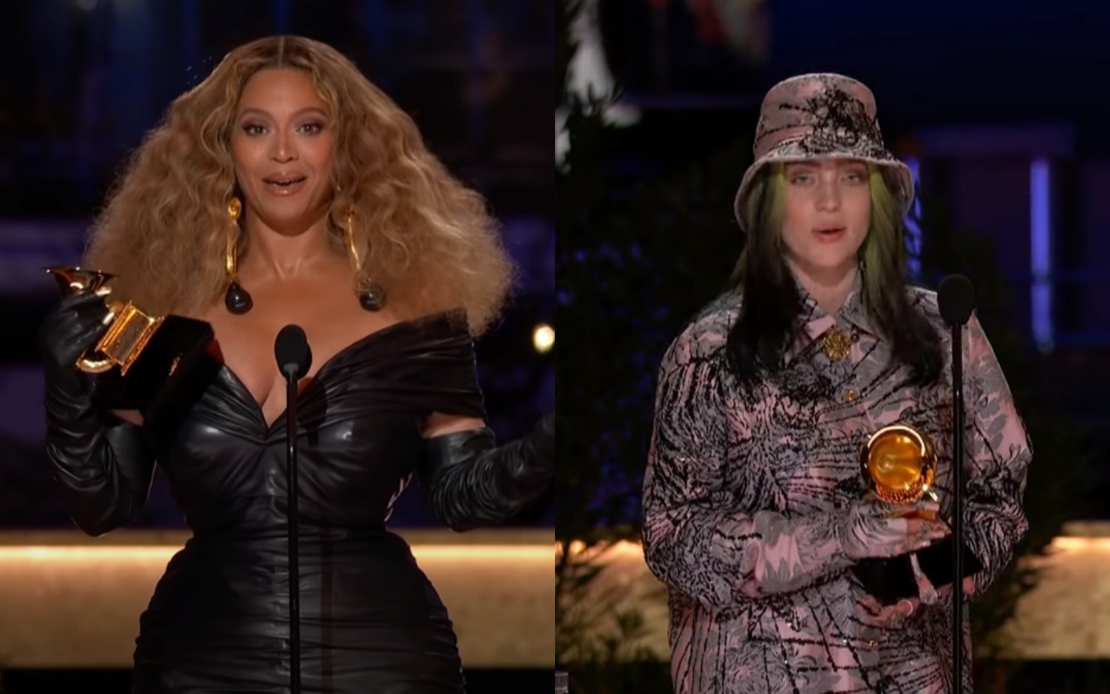 碧昂絲今年拿下4座葛萊美，得獎數刷新女歌手紀錄；怪奇比莉成功連莊年度唱片。（翻攝自Recording Academy / GRAMMYs YouTube）