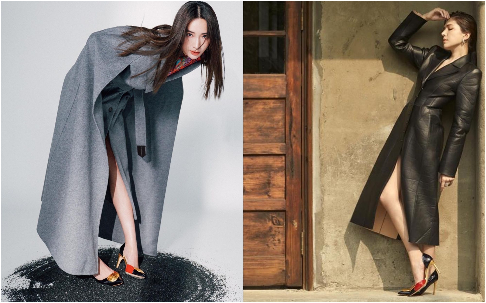 隋棠（圖左）與許瑋甯穿上同一雙SAUVEREIGN HOLLY 90漆亮皮革金箔跟鞋搭配Pure經典金箔扣鞋子，卻各自展現出不同的個人風格。（翻攝自隋棠、許瑋甯IG）