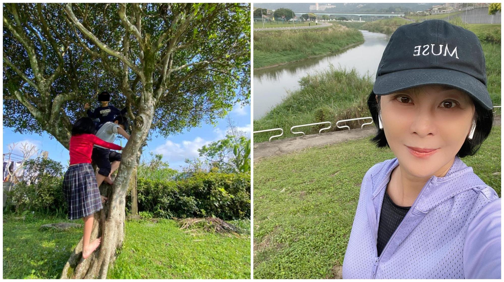 吳淡如(右圖)日前曬出女兒與朋友爬樹的照片(左圖),卻莫名遭網友指女兒是「女版韓國瑜」。(翻攝吳淡如臉書)