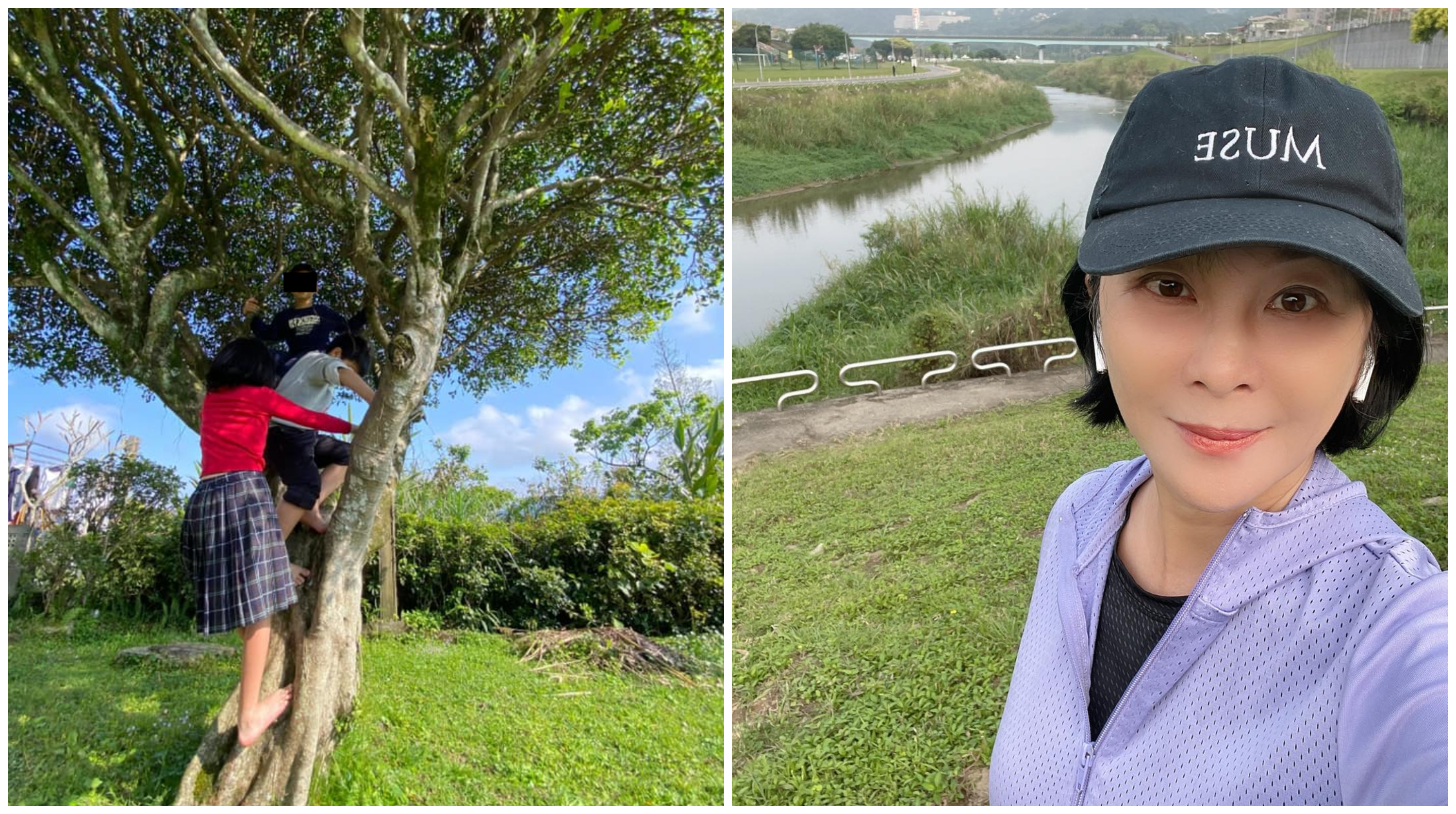 吳淡如（右圖）日前曬出女兒與朋友爬樹的照片（左圖），卻莫名遭網友指女兒是「女版韓國瑜」。（翻攝吳淡如臉書）