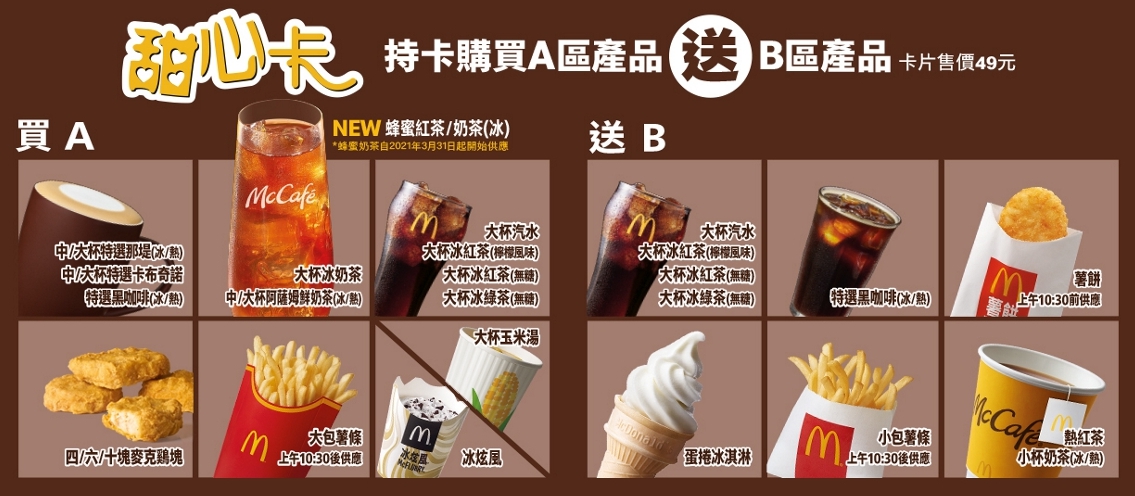 今年的甜心卡新A區新增兩款超人氣的McCafé「蜂蜜特調」產品，「蜂蜜紅茶」和「蜂蜜奶茶」。（翻攝自麥當勞官網）