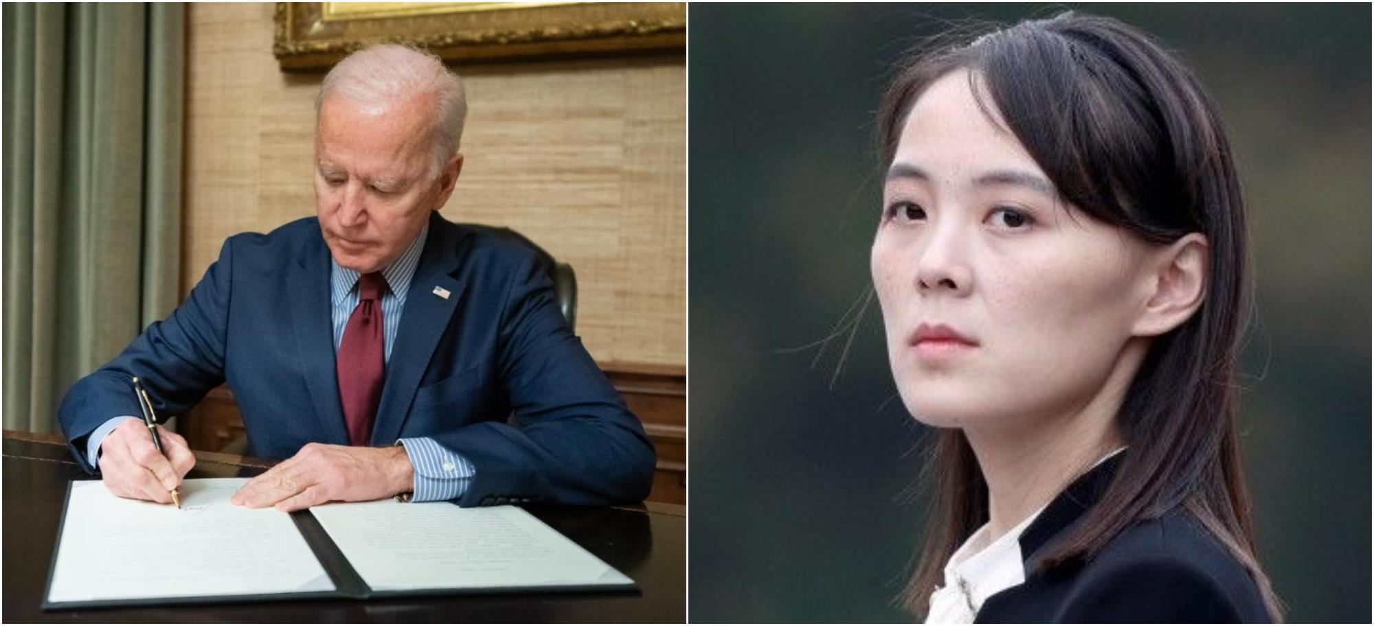 金與正(右圖)今日警告拜登新政府少惹麻煩事。(翻攝JoeBiden、KPA_Reimu推特)