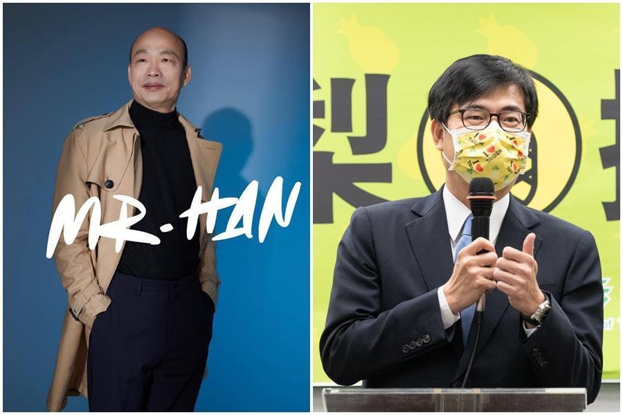 韓國瑜(左圖)穿著黑色高領、駝色大衣,頗有「韓流歐巴」風味;陳其邁(右圖)誇韓好像年輕了15歲。(翻攝自韓國瑜、陳其邁臉書)