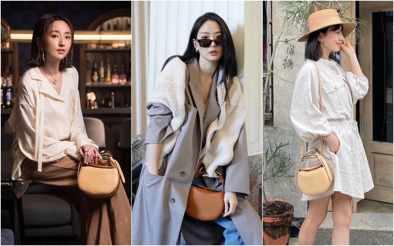（左起）柯佳嬿、孫芸芸、Melody以不同穿搭詮釋Kiss Bag的多種樣貌。（合成照片）