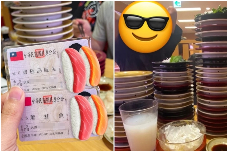 網友分享跟友人一起去壽司郎「吃免錢」的戰況，兩桌一共吃掉快1萬3千元。（翻攝自Dcard）