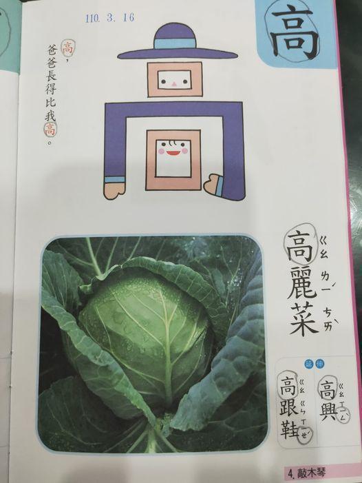網友發文指孩子課本中的高「麗」菜注音為二聲「ㄌ一ˊ」。(翻攝自爆廢1公社)