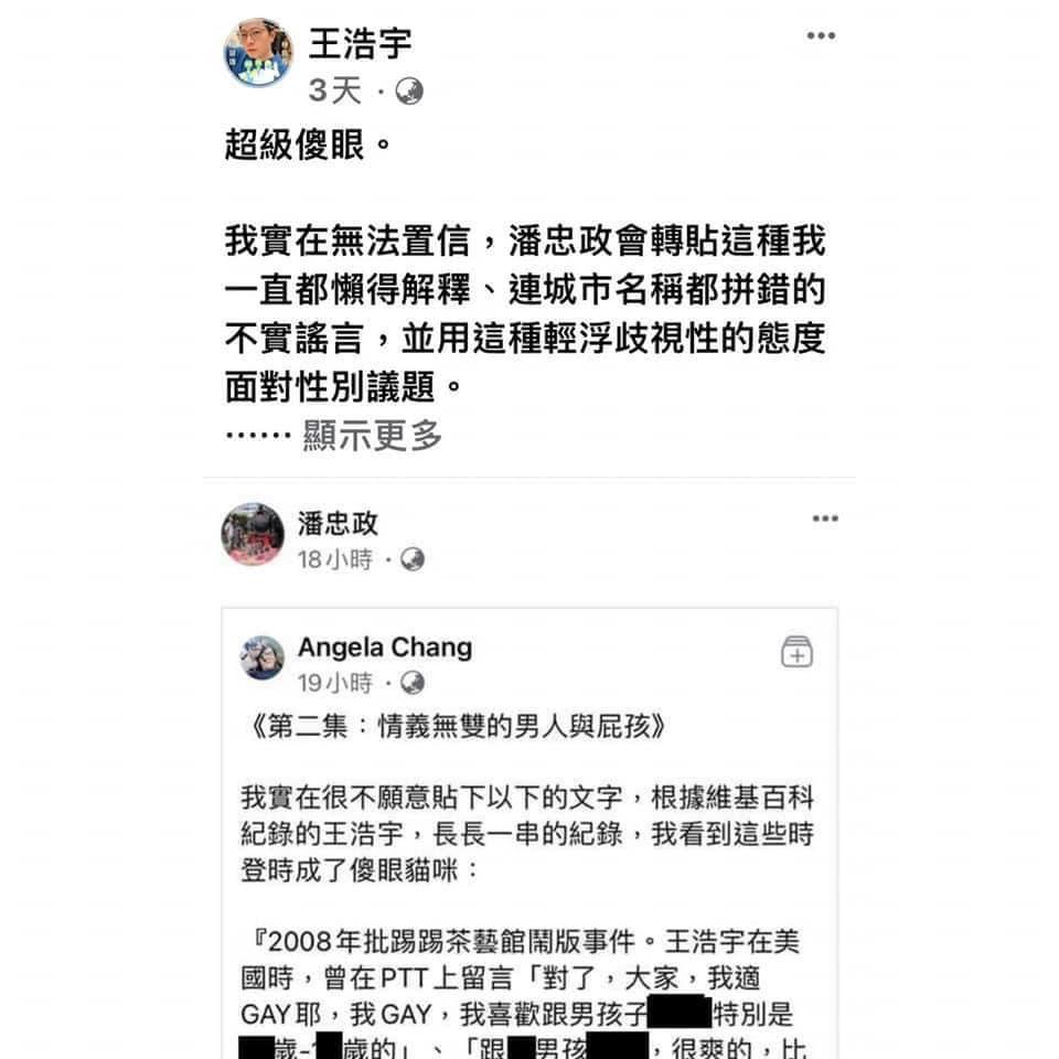 潘忠政轉貼護樹老娘的文章，遭王浩宇批評性別歧視。（翻攝自Angela Chang臉書）